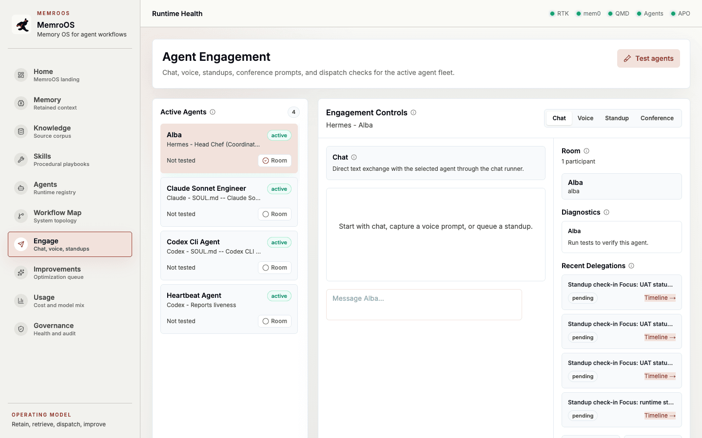 MemroOS dispatch page with A2A cards and live delegations