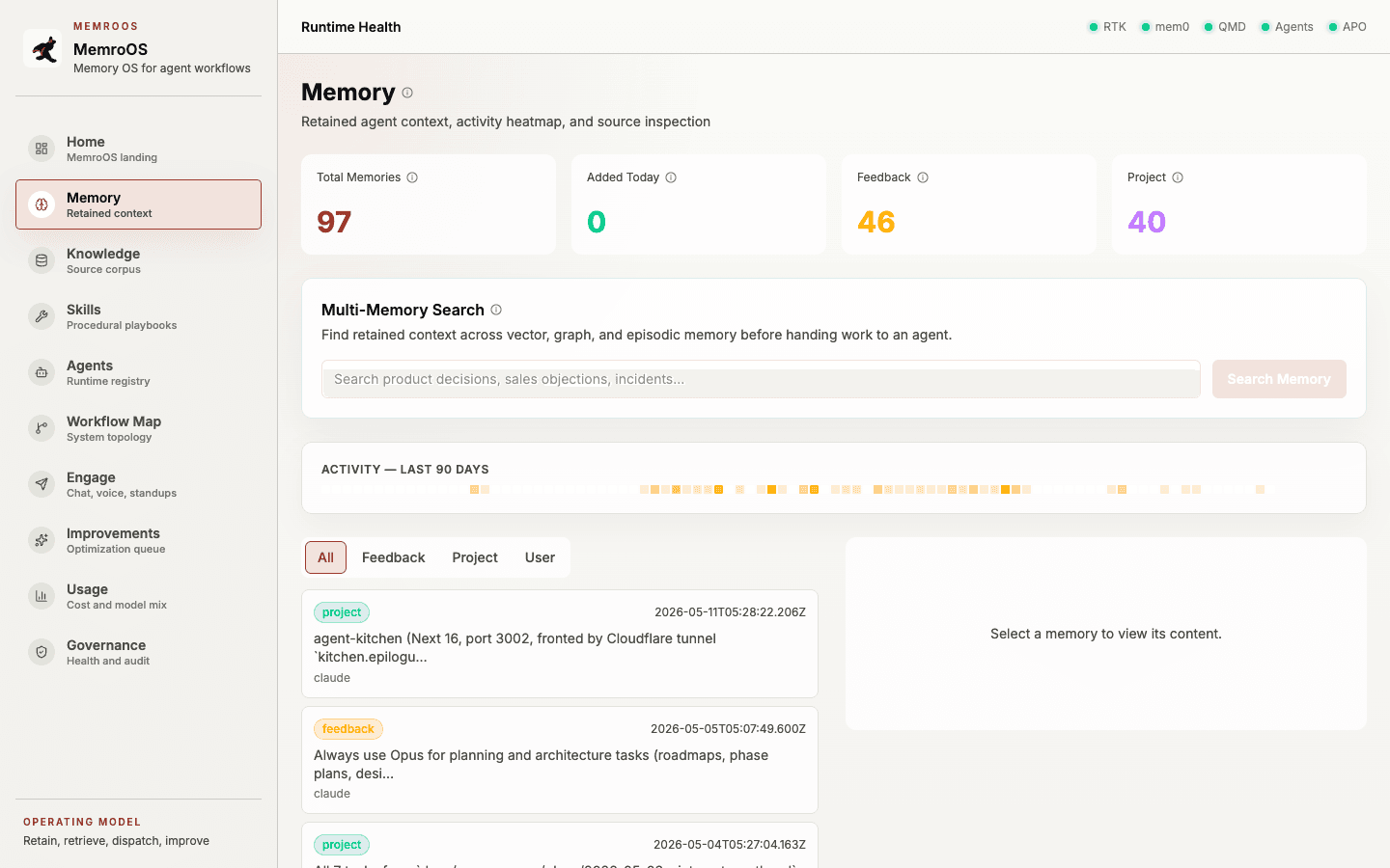 MemroOS memory page with multi-memory search, retained context, and activity heatmap